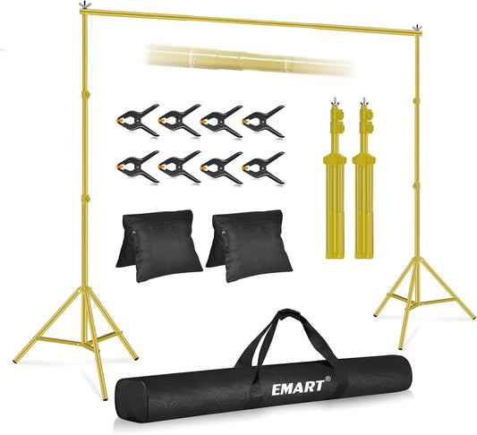 EMART Backdrop Stand 10x7ft(WxH) Photo Studio Adjustable Background Stand Support kit with 2 Crossbars, 8 Clamps, 2 Sandbags and Carry Bag for Parties, Events Decoration, Wedding -Titanium Gold