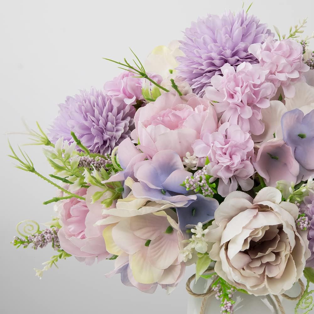 LESING Artificial Peony with Vase Silk Flowers Bouquets Fake Hydrangea Bulks for Home Table Centerpieces Wedding Decoration(Purple-1)
