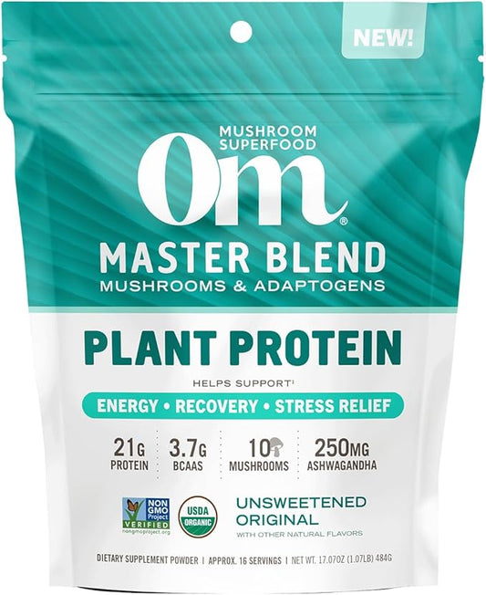 OM MUSHROOM SUPERFOOD Master Blend Mushroom Plant-Based Protein, 16 Servings Unsweetened Original, Unsweetened Plant-Based Protein with 10 Mushrooms & Adaptogens, GLP-1 Support
