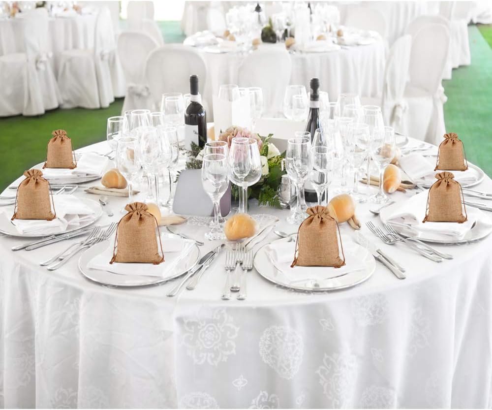 Lucky Monet 25/50/100PCS Burlap Gift Bags Wedding Hessian Jute Bags Linen Jewelry Pouches with Drawstring for Birthday, Party, Wedding Favors, Present, Art and DIY Craft (50Pcs, Coffee, 4” x 6”)