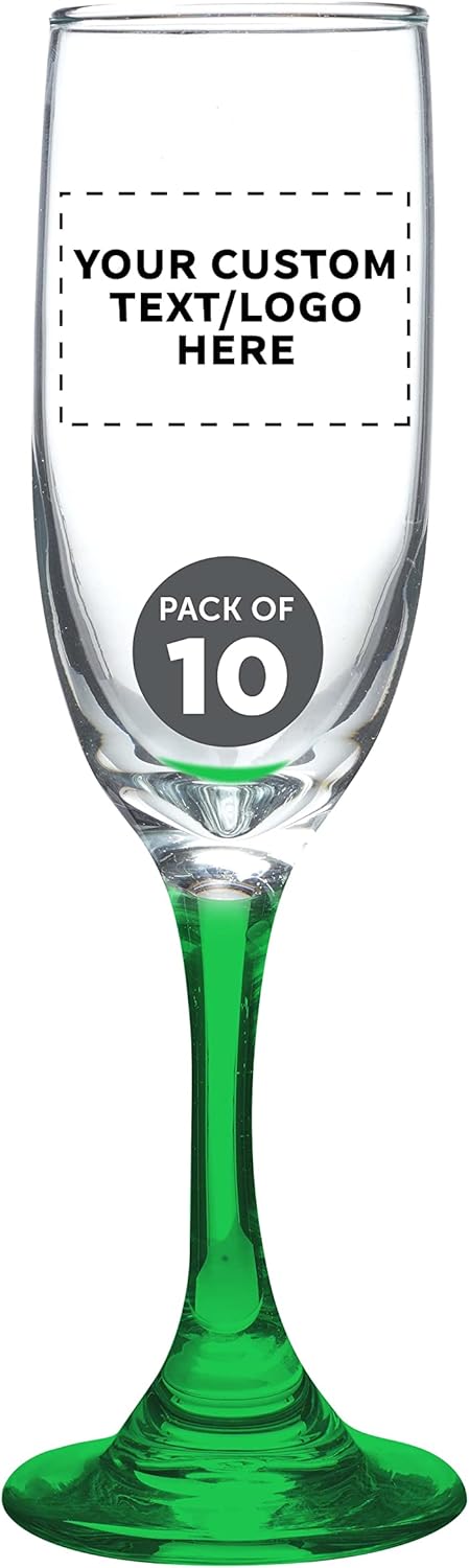DISCOUNT PROMOS Custom Premiere Champagne Flutes 6.25 oz. Set of 10, Personalized Bulk Pack - Elegant Drinkware for Weddings, Events, & Promotional Gifts - Green