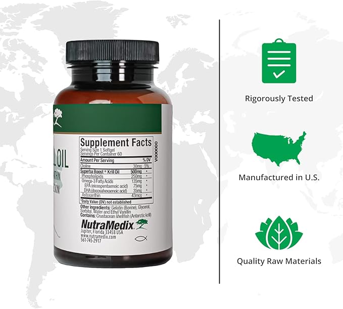 NutraMedix Antarctic Krill Oil 500mg - Fish Oil Supplement - Omega-3s (EPA & DHA) + Astaxanthin - Red Krill Supplement for Joint, Immune, Heart, Liver & Brain Health Support (60 Softgels)