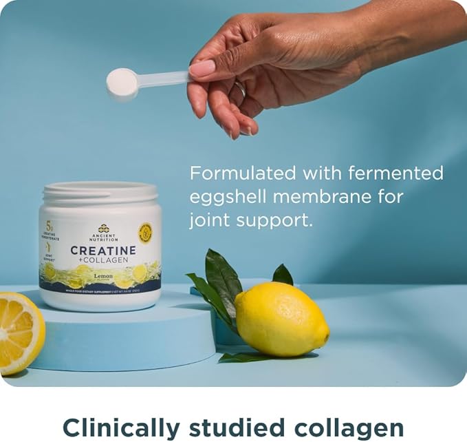 Ancient Nutrition Creatine + Collagen – Muscle Strength, Lean Body Mass, Joint Comfort & Cognitive Support – Includes 5g Creatine Monohydrate for Women + Electrolytes, Lemon, 30 Servings