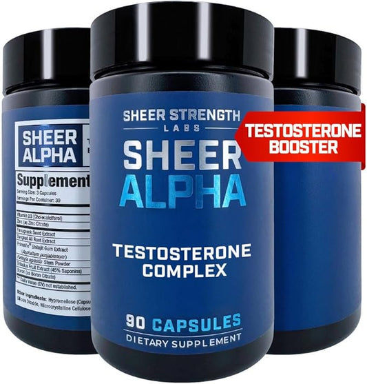 Sheer Strength Labs Testosterone Booster T-Booster for Men - Clinically Backed Dose, Strongest Formula - Made in USA - Premium Blend of Fadogia Agrestis Tongkat Ali and Shilajit. 30 Servings