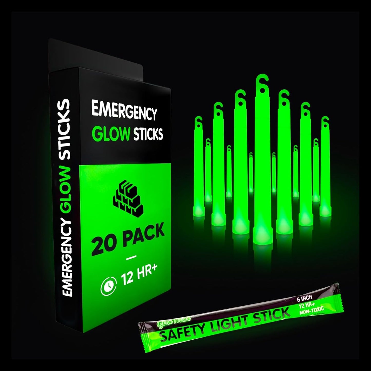 Emergency Glow Sticks with 12 Hours Duration, Individually Wrapped Industrial Grade Glowsticks for Survival Gear, Camping Lights, Power Outages and Military Use