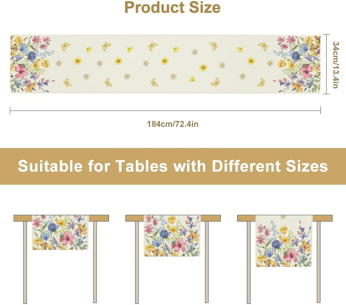 Flower Table Runner, Colorful Watercolor Pink Flower Plants Nature Butterfly Table Runner for Kitchen Dinner Living Room Home Party, 13x120 Inch