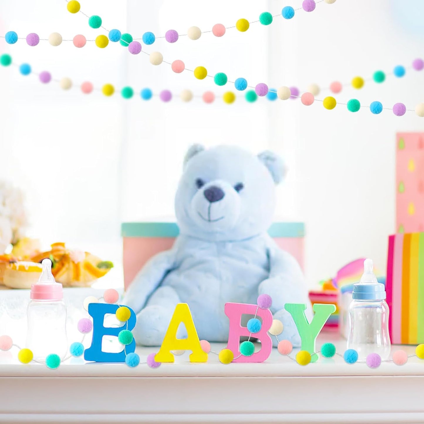 3 Pack Pom Pom Garland Colorful Felt Ball Garland Decorations, 6.5 Feet Long with 30 Balls Banner Hanging Supplies for Birthday, Parties (Rainbow Colors)