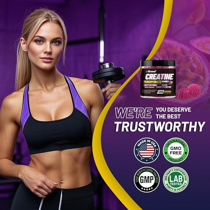 Creatine Monohydrate Gummies 6g for Men & Women, Potent Creatine Supplement, Chewables Creatine for Energy Boost, Increase Strength and Build Muscle, Gluten-Free, Sugar Free,120 Count