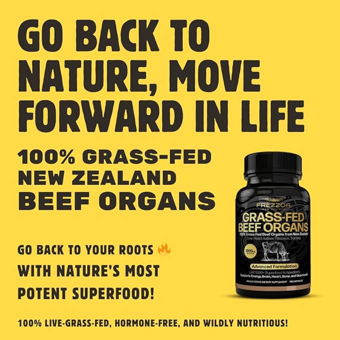 FREZZOR New Zealand 100% Live-Grass-Fed Beef Organs Complex, Supports Whole Body Wellness and Energy with Proprietary Blend of Liver, Heart, Kidney, Pancreas & Trachea, Non-GMO, 3000mg, 180 Capsules