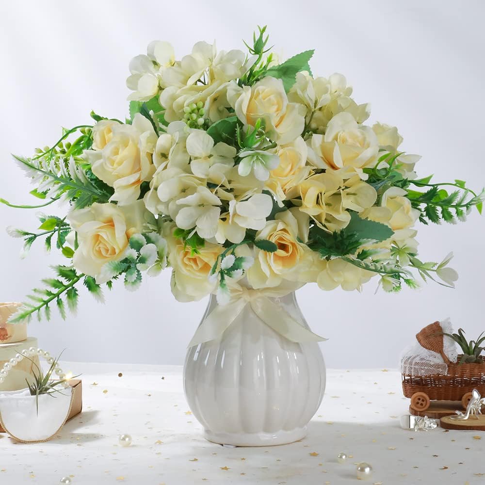 LESING Artificial Rose Silk Hydrangea Flowers Bouquets with Vase Rustic Fake Flowers for Home Decoration Table Centerpiece (Champagne)