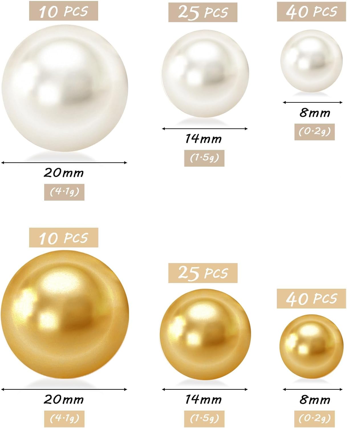 150Pcs Cream&Gold Polished No Hole Faux Pearl Beads for Vase Filling Decorations, Plastic Pearls Vase Fillers, Table Scatters, Wedding Centerpiece, Home Decor, 8/14/20 mm