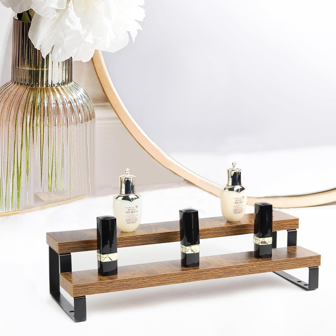 4-Tier Wooden Display Riser Shelf Stand for, Makeup, Cupcake, Condiment & Dolls Collection Home Decor Organizer, Expandable for Pantry/Counter (Brown, 2-Tier)