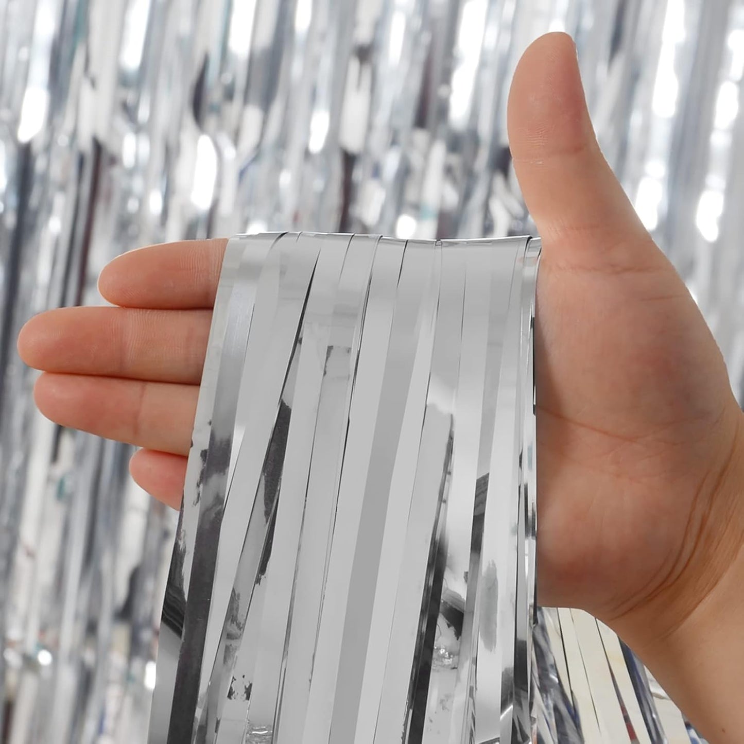 Silver Tinsel Fringe Backdrop Curtains for Parties, Melsan 3.2 x 8 ft Foil Streamer Disco Party Decorations Photo Booth for Birthday, Engagement, New Year Eve, Pack of 2