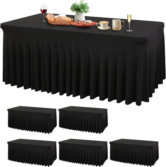 Wish Care 6 Pack Black Spandex Table Cloths for Rectangle Tables 6ft - One-Piece Wrinkle Free Fitted Table Cover 6 Foot Table Stretch Tablecloths for Party, Banquet, Wedding and Events
