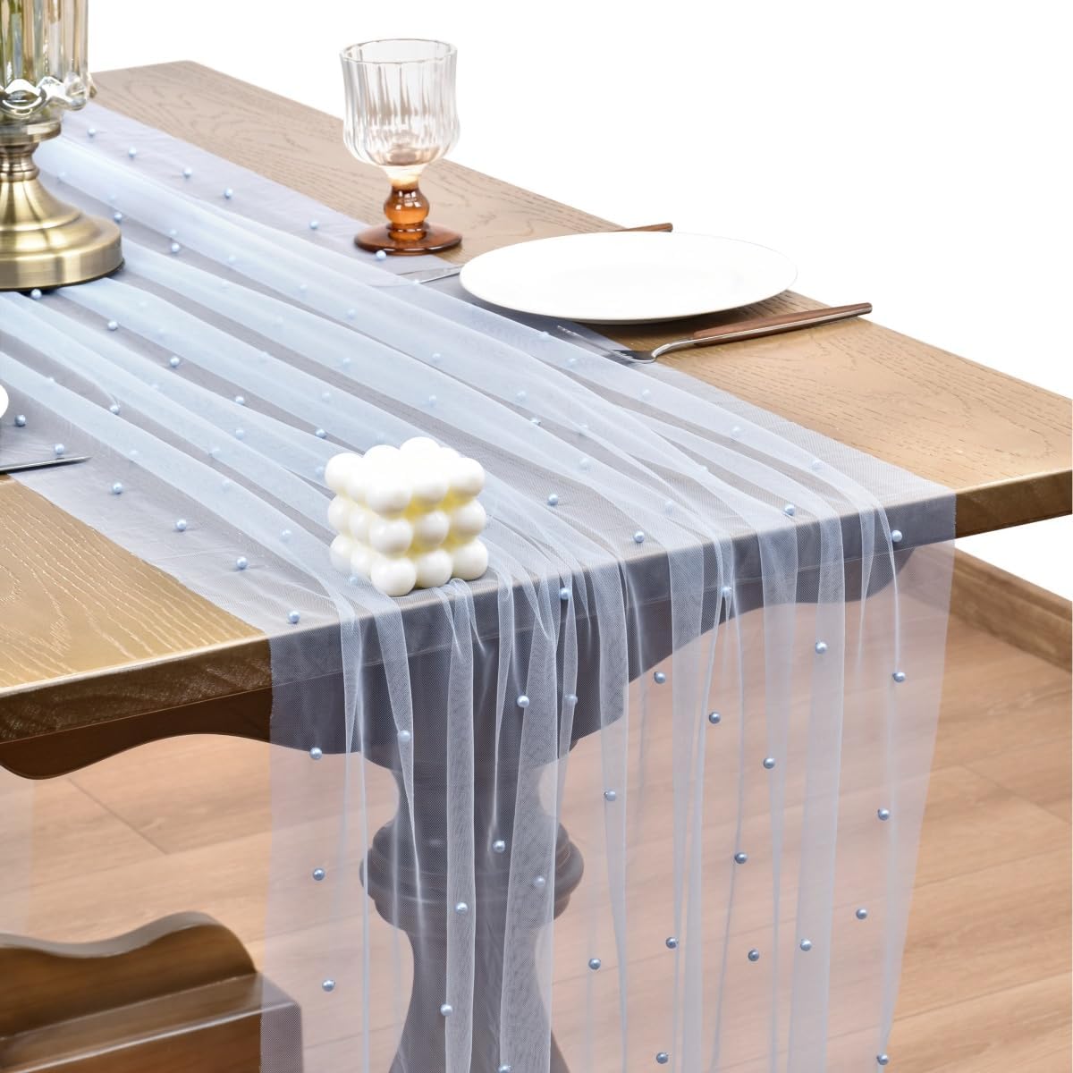 Joanlody Fall Pearl Table Runner 10ft Rustic Boho Tulle Table Runner with Pearls for Baby Shower Wedding Party Veil Dessert Thanksgiving Table Decor Blue