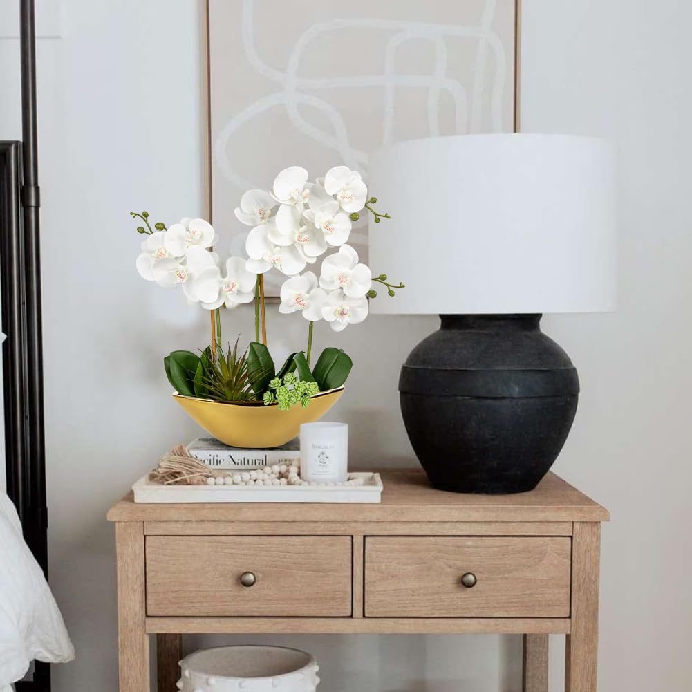 Briful Orchid Artificial Flowers 17in White Fake Orchid Silk Flowers with Gold Ceramic Pot Faux Orchid Arrangement for Home Office Room Coffee Table Centerpiece Modern Decoration