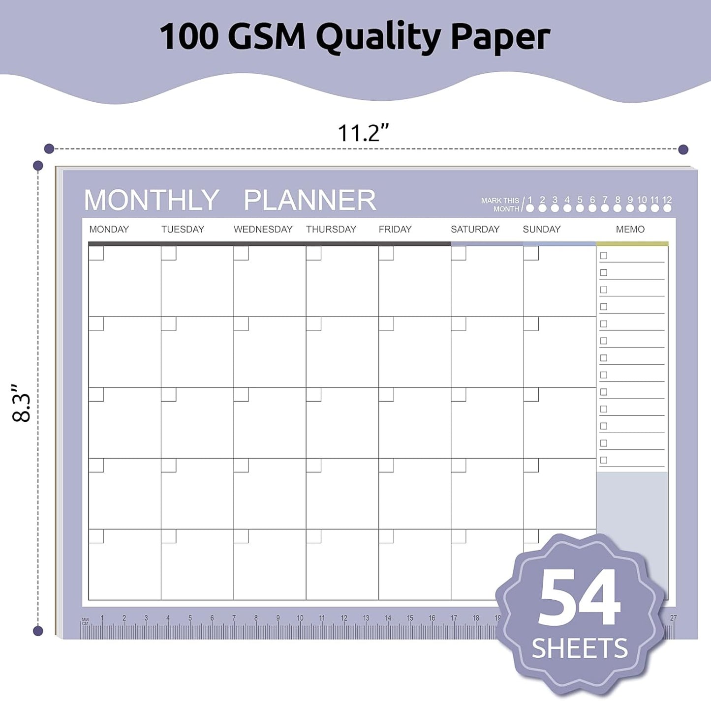 Phyxin Undated Planner, 54 Sheets Blank Calendar, 11.2" x 8.3" Monthly Calendar Planner, Tear Off Undated Monthly Planner with Memo for Women, Students, Teachers, Purple