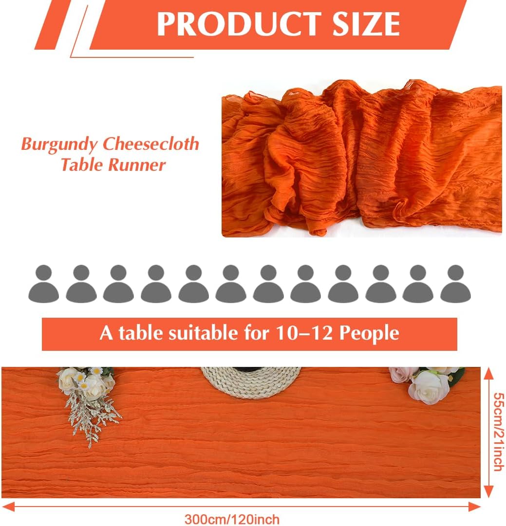 10 Pack Orange Cheesecloth Table Runner -21*120Inch Long Boho Wedding Table Decor, Rustic Gauze Fabric Runner for Bridal Showers, Baby Showers & Parties (Sheer, Lightweight, Wrinkled Design)
