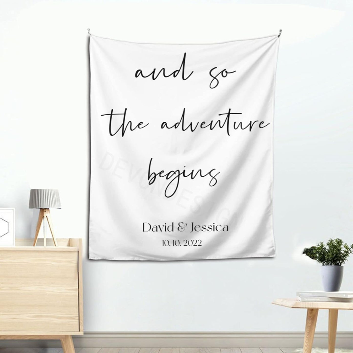 And So The Adventure Begins Custom Tapestry with Names and Date, Rustic Wedding Sign, Personalized Calligraphy Wedding Banner for Ceremony and Reception