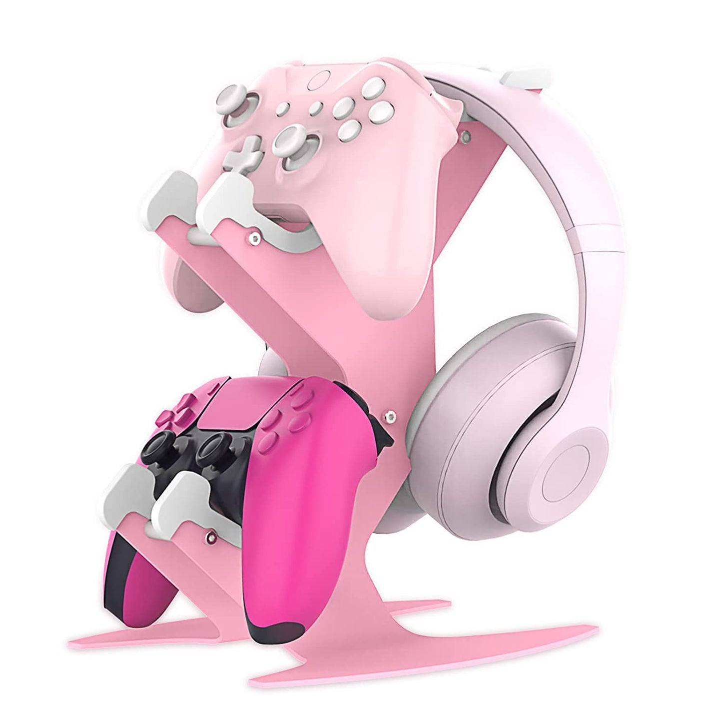 Controller Holder Pink, Game Controller Rack Headset Stand for Xbox Series X S/Xbox one / PS5 / PS4 / NS/PC/Headset, Aluminum Metal Headset Mount Universal Organizer for Video Game Accessories