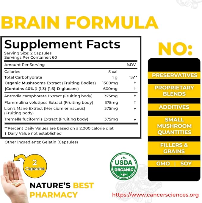 Cancer Sciences Brain Supplements for Memory and Focus - 1,500mg Brain Health Mushroom Supplement for Adults & Seniors - High Potency 40% Beta-Glucans for Immune Support & Vitamins, 120 Capsules