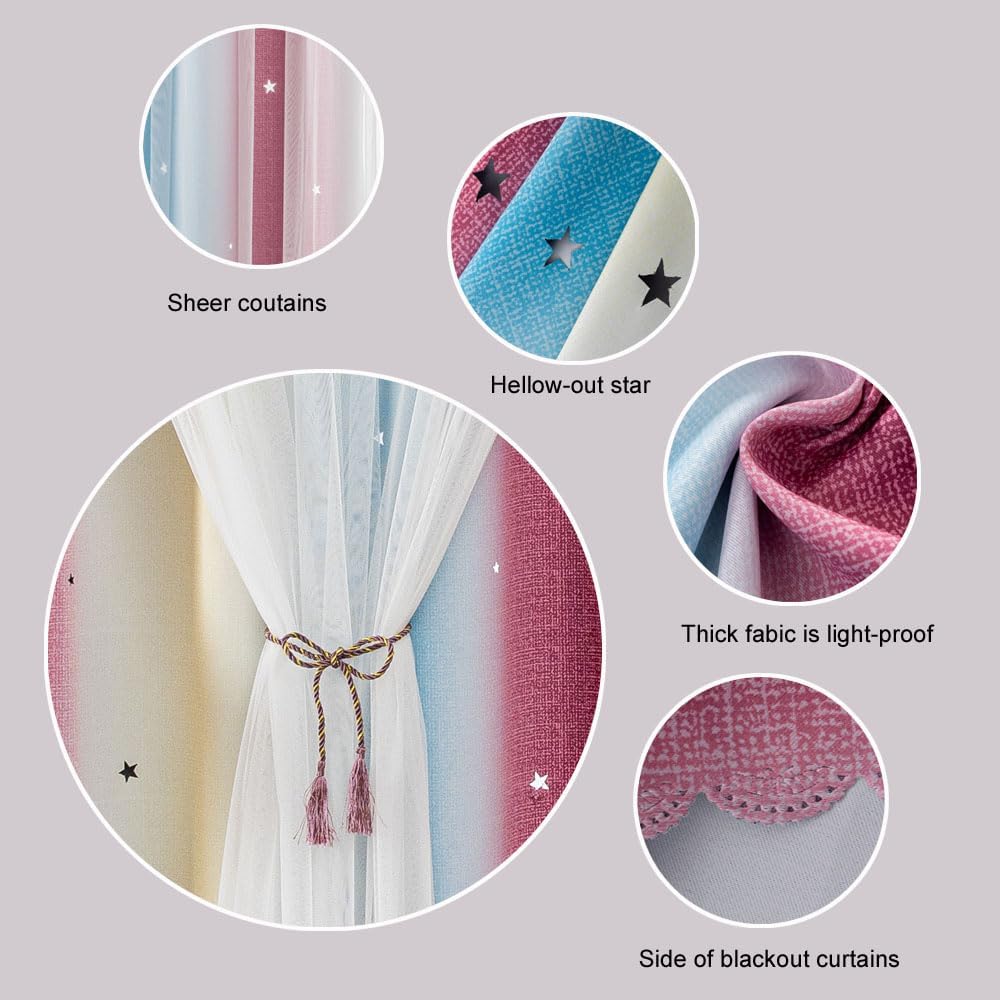 FANLI Ombre Rainbow Blackout Curtains for Kid Girls Bedroom Living Room Darking Stripe Double Layer Star Cut Out Wall Home Decor Gradient Grommet Window Curtains （Blue Purple 52Wx63L）