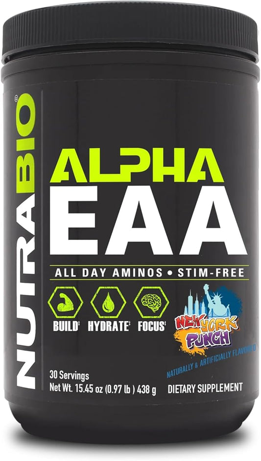 NutraBio Alpha EAA - All-Day Amino Acids for Muscle Growth and Hydration - Essential Amino Acids with Nootropics & Adaptogens- Full Spectrum EAA BCAA Powder - 30 Servings - New York Punch