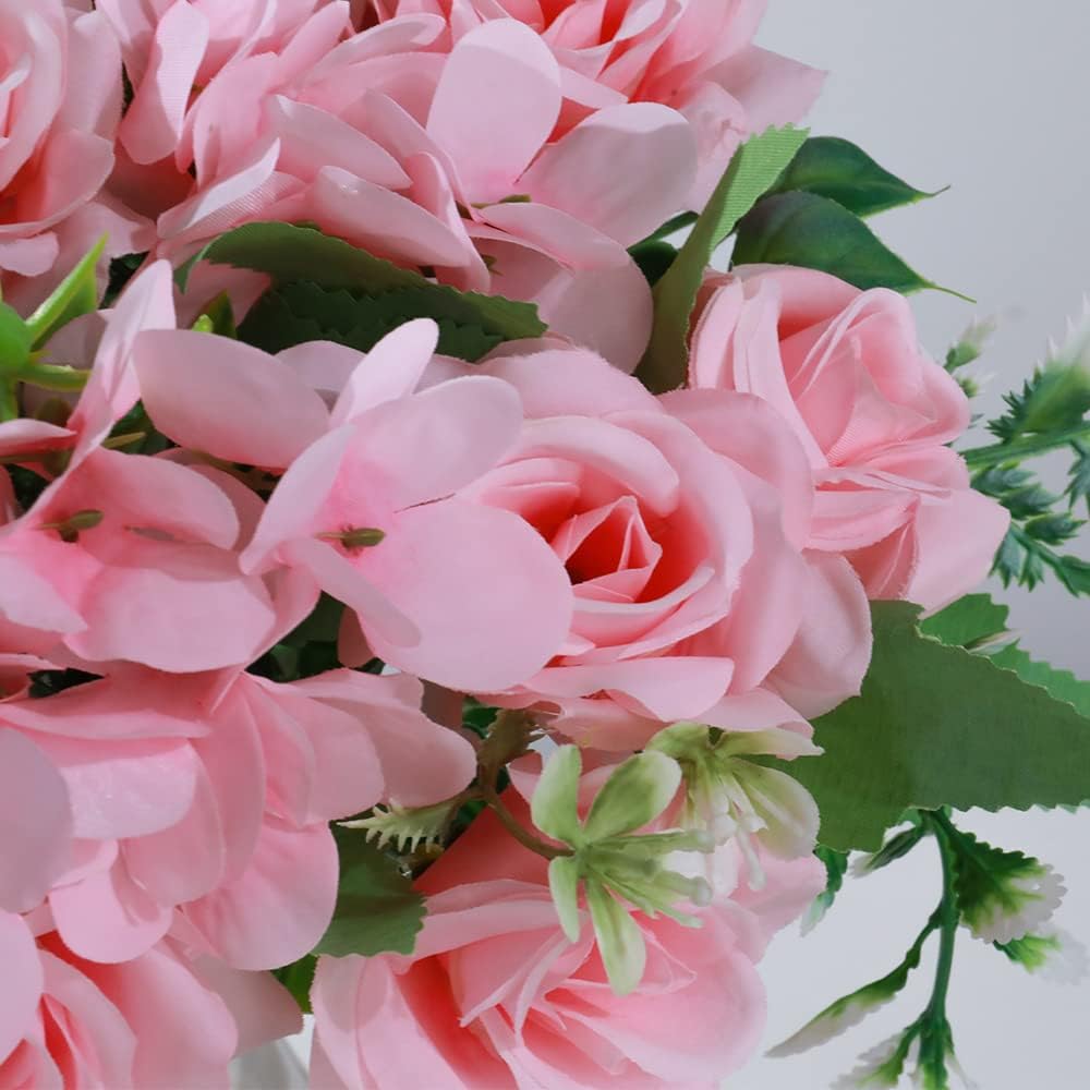 LESING Artificial Rose Silk Hydrangea Flowers Bouquets with Vase Rustic Fake Flowers for Home Decoration Table Centerpiece (Pink)