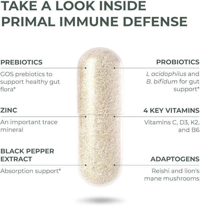 Primal Harvest Primal Immune Defense: 10-in-1 Immune Support with Probiotics, Zinc, Vitamins C, B6, D3 & K2, Immune Booster for Adults 60 Capsules (2-Pack)