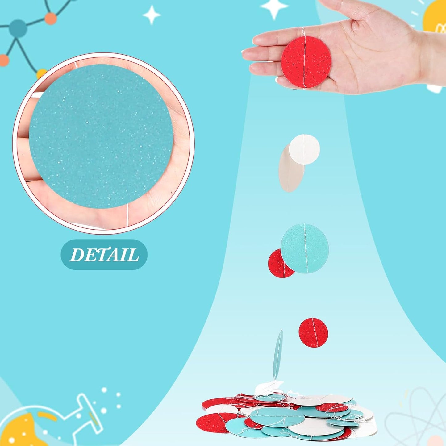 Outus 10 Pieces Colorful Dots Paper Garland Round Glitter Garland Hanging Confetti Streamers Backdrop for Candy Birthday Classroom Halloween Trunk or Treat Car Decoration (Light Blue,White,Red)