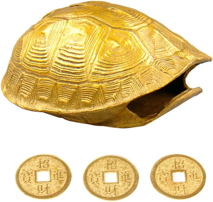 1 Set Chinese Feng Shui Coins Divination Turtle Shell Good Luck Fortune Coin Copper Crafts Turtle Statue I- Ching Coins for Health Wealth Home Ornament Golden