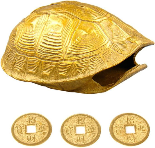 1 Set Chinese Feng Shui Coins Divination Turtle Shell Good Luck Fortune Coin Copper Crafts Turtle Statue I- Ching Coins for Health Wealth Home Ornament Golden