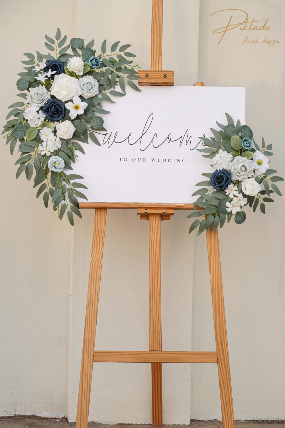 Faux Flower Swag Set of 2 for Wedding Welcome Signs Floral Swag Wedding Reception Ceremony Signs Decor (A-White Blue)