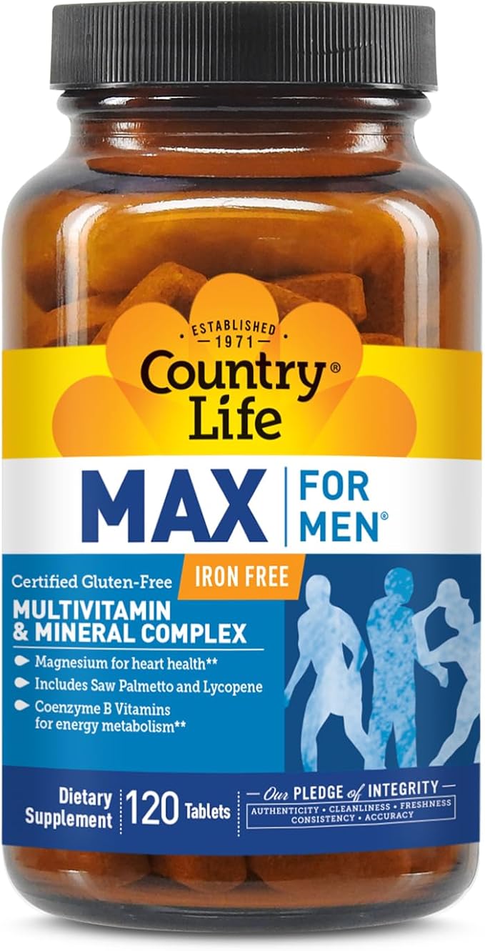 Country Life Max for Men Multivitamin: Iron-Free, Gluten Free, Saw Palmetto, Lycopene, Daily Support for Energy, Heart & Men's Health,120 Vegetarian Tablets