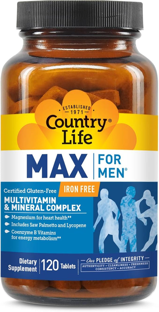 Country Life Max for Men Multivitamin: Iron-Free, Gluten Free, Saw Palmetto, Lycopene, Daily Support for Energy, Heart & Men's Health,120 Vegetarian Tablets