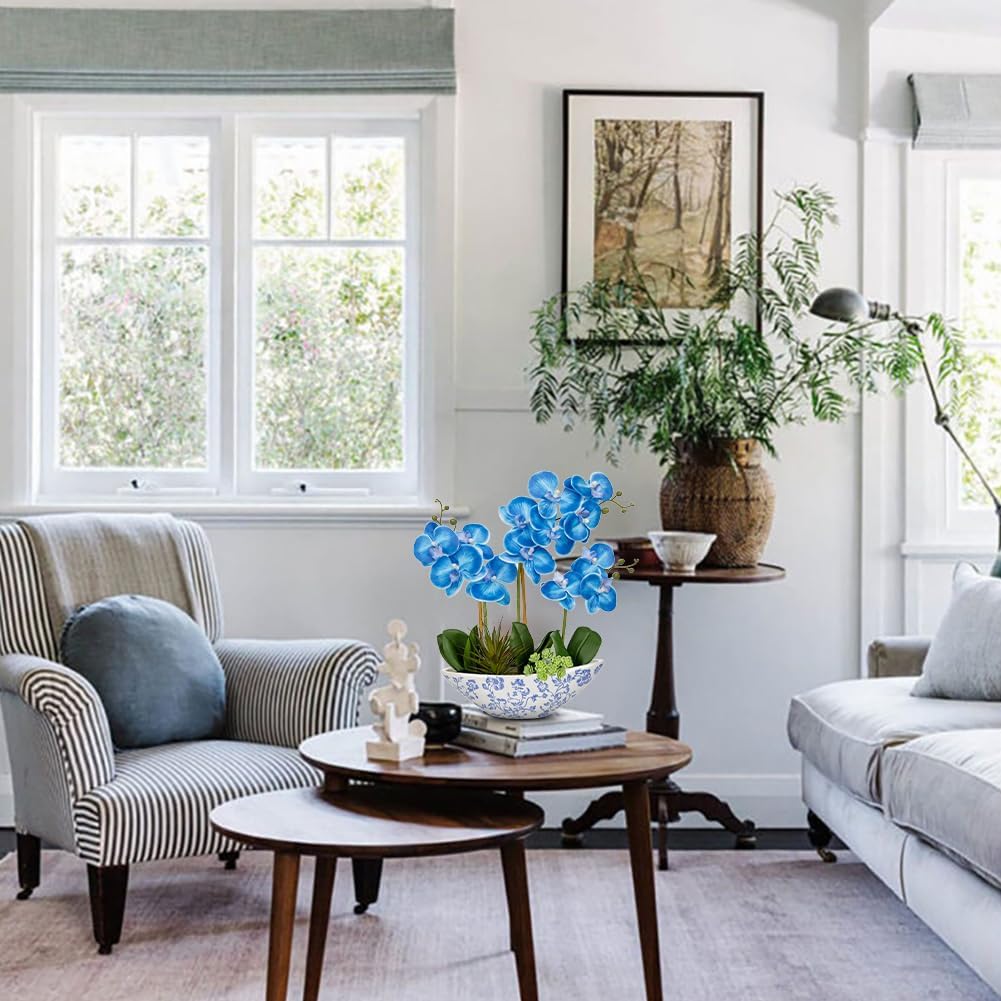 Briful Blue Orchid Fake Flowers 17in Artificial Orchid Silk Flowers in Blue and White Vase Faux Orchid Arrangement for Home Office Bathroom Table Shelf Modern Decoration