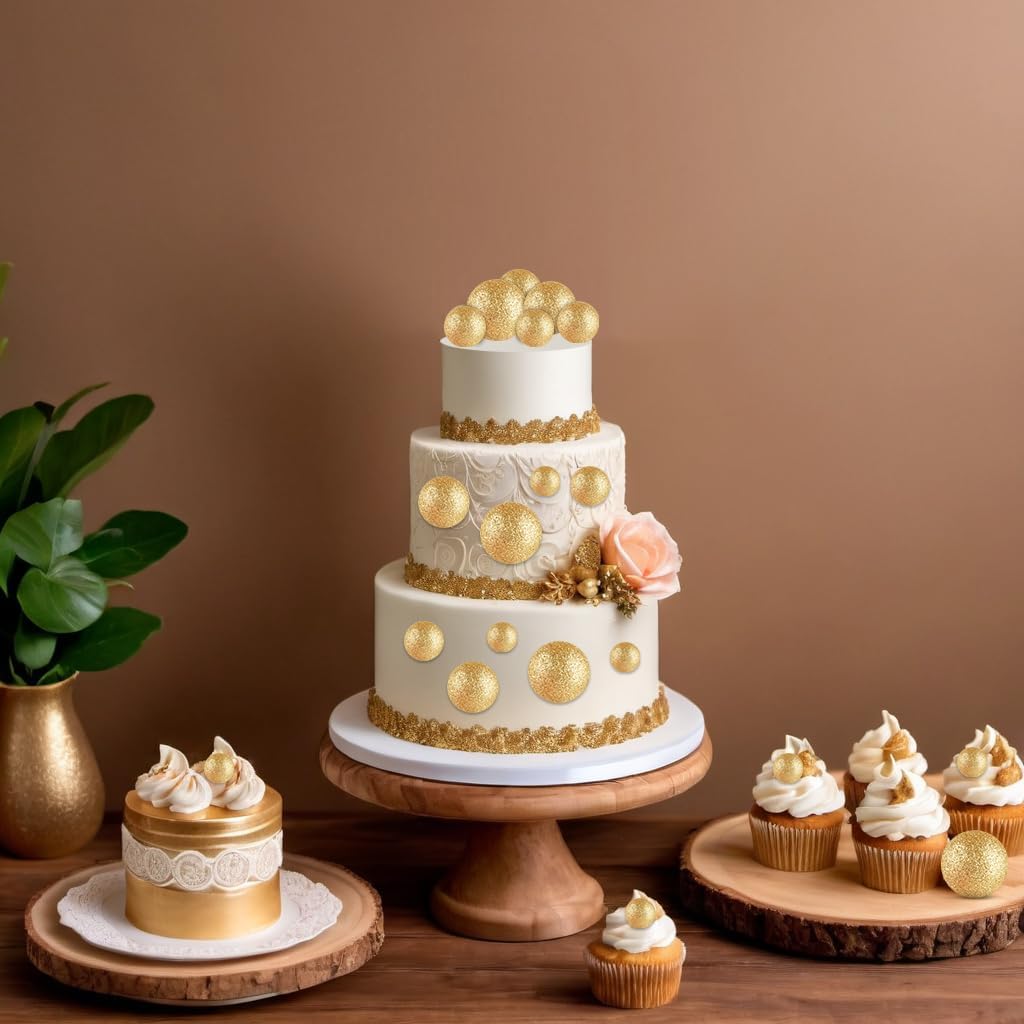 ASTARON 20 Pcs Mini Balloons Cake Topper Sticks - Glitter Gold Ball Picks for Christmas Birthday Decorations