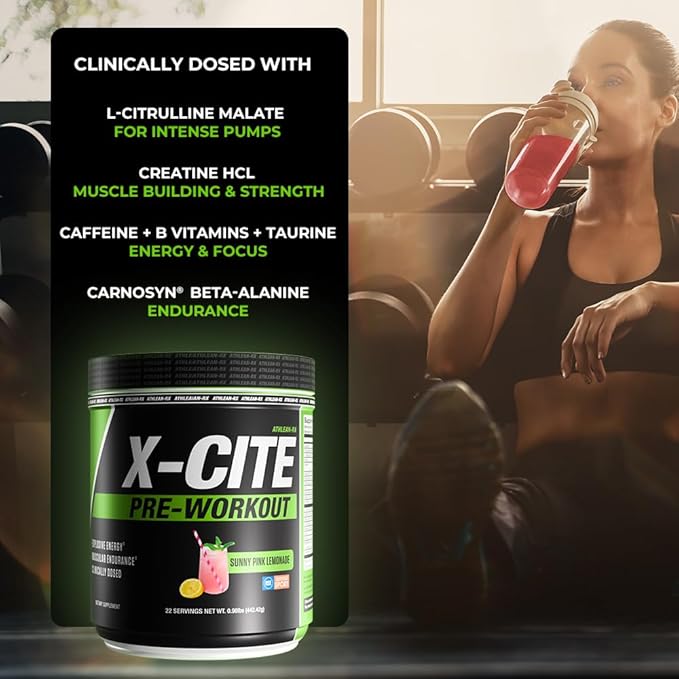 X-CITE Pre-Workout by ATHLEAN-X - Enhanced Formula with Beta-Alanine, Creatine & Caffeine for Energy, Endurance, Focus & Muscle Pump, NSF Certified for Sports (22 Servings, Sunny Pink Lemonade)