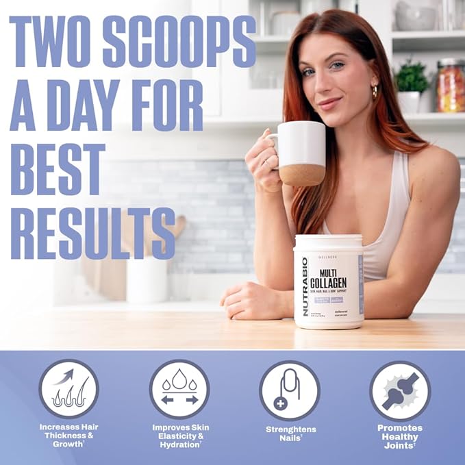 NutraBio Multi Collagen Powder- Hydrolyzed Collagen Peptides for Glowing Hair & Skin- Grass-Fed- Collagen Powder for Women and Men- 40 Servings