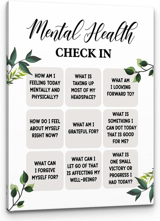 PHAMTE Inspirational Mental Health Check In Wall Art,Self Care Quotes Print Framed Canvas Painting Artwork For Home School Counseling Office Therapist Office Decor(11x14 Inch)