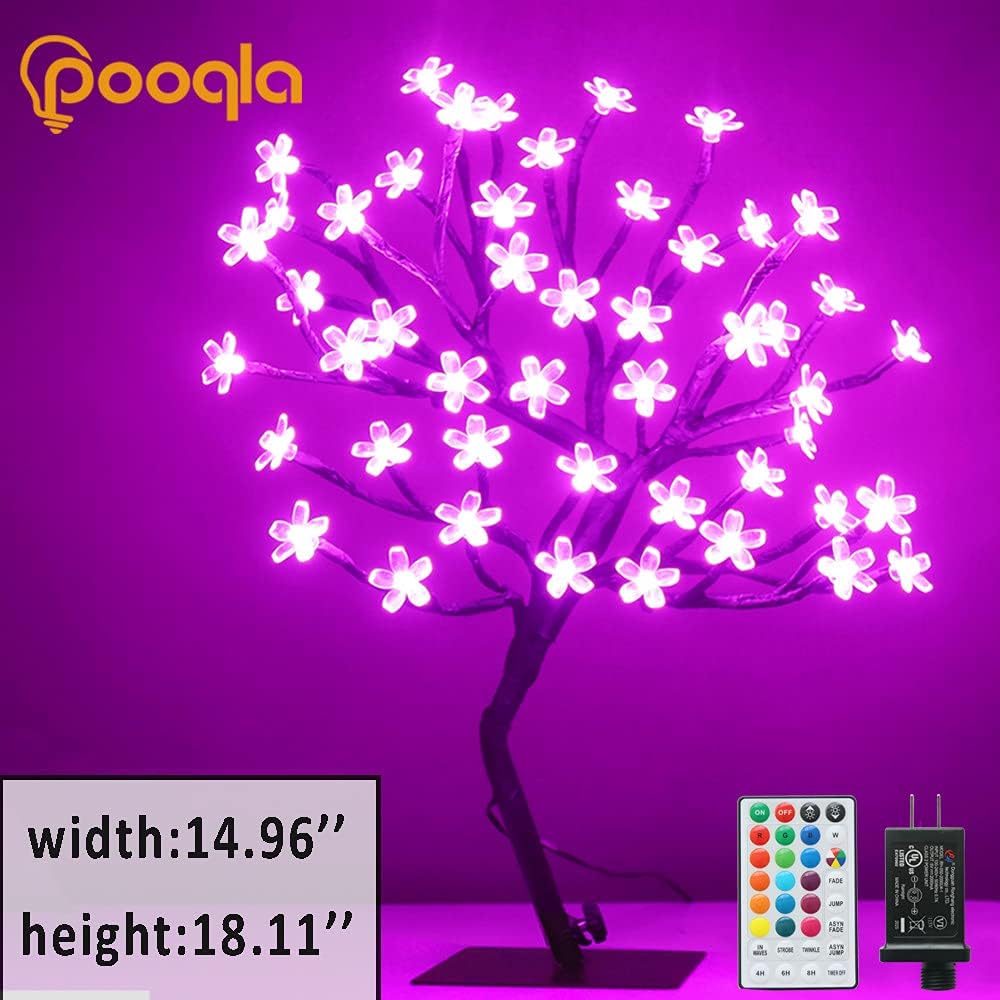 Pooqla 18 Inch 48 LED RGB Cherry Blossom Tree Light with Remote 16 Color-Changing LED Artificial Flower Bonsai Tree Table Top Lamp Home Lit Tree Centerpieces Christmas Decor