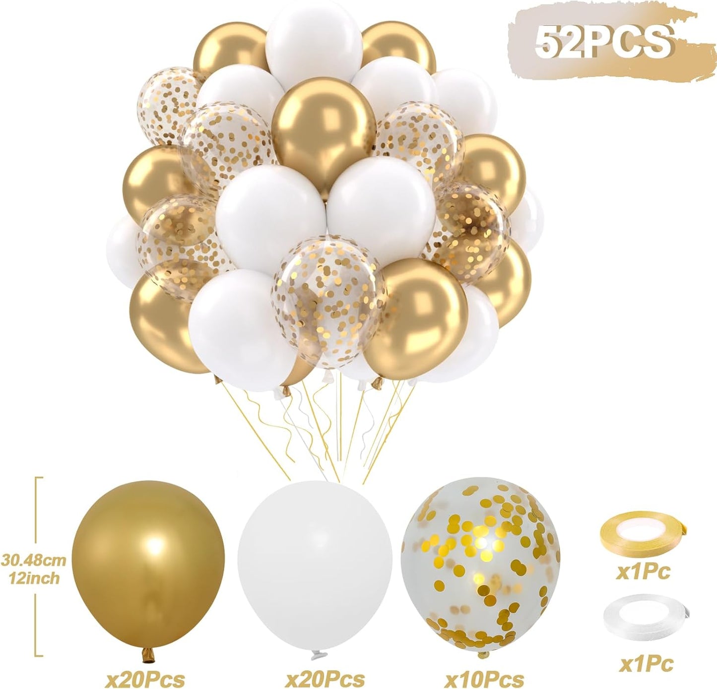 Patimate White and Gold Balloons Set, 50 pcs 12 inch Metallic Gold White Gold Confetti Latex Balloons Kit for Birthday Engagement Wedding Anniversary Party Decorations