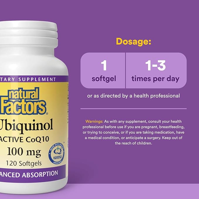 Natural Factors Ubiquinol Active CoQ10 100 mg, High-Absorption Coenzyme Q10 Supplement for Energy, Heart and Cognitive Support, 120 Softgels