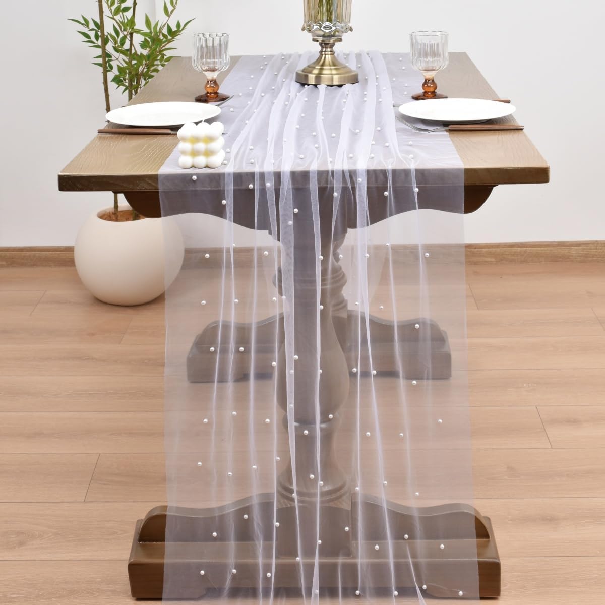 Joanlody Fall Pearl Table Runner 10ft Rustic Boho Tulle Table Runner with Pearls for Baby Shower Wedding Party Veil Dessert Thanksgiving Table Decor White 4pcs