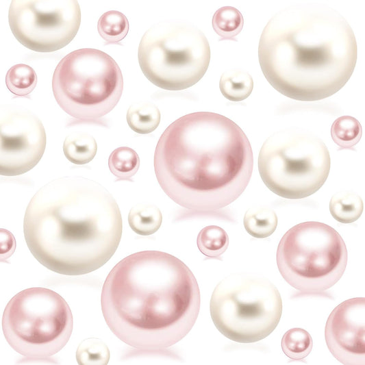 300Pcs Cream&Pink Polished No Hole Faux Pearl Beads for Vase Filling Decorations, Plastic Pearls Vase Fillers, Table Scatters, Wedding Centerpiece, Home Decor, 8/14/20 mm