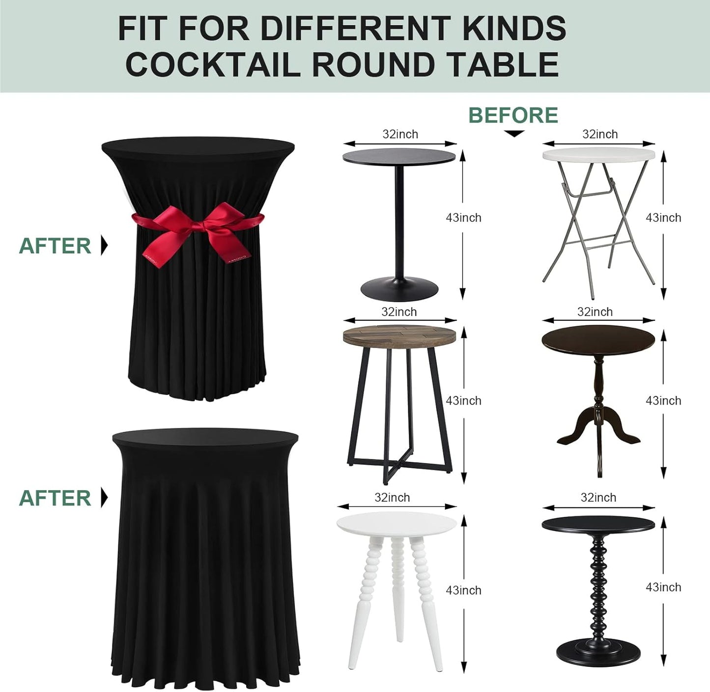 Cocktail Table Covers - 3 Pack 32"x 43" Black Cocktail Table Tablecloth with Natural Wavy Round Skirt for Bar Wedding Party Banquet