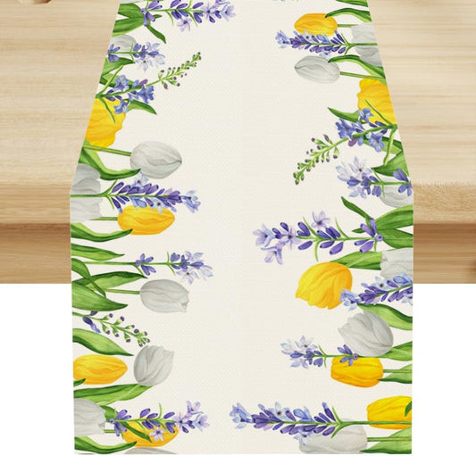 Floral Tulip Lavender Table Runner, Spring Watercolor Flower Plants Nature Butterfly Table Runner for Kitchen Dinner Living Room Home Party, 13x70 Inch