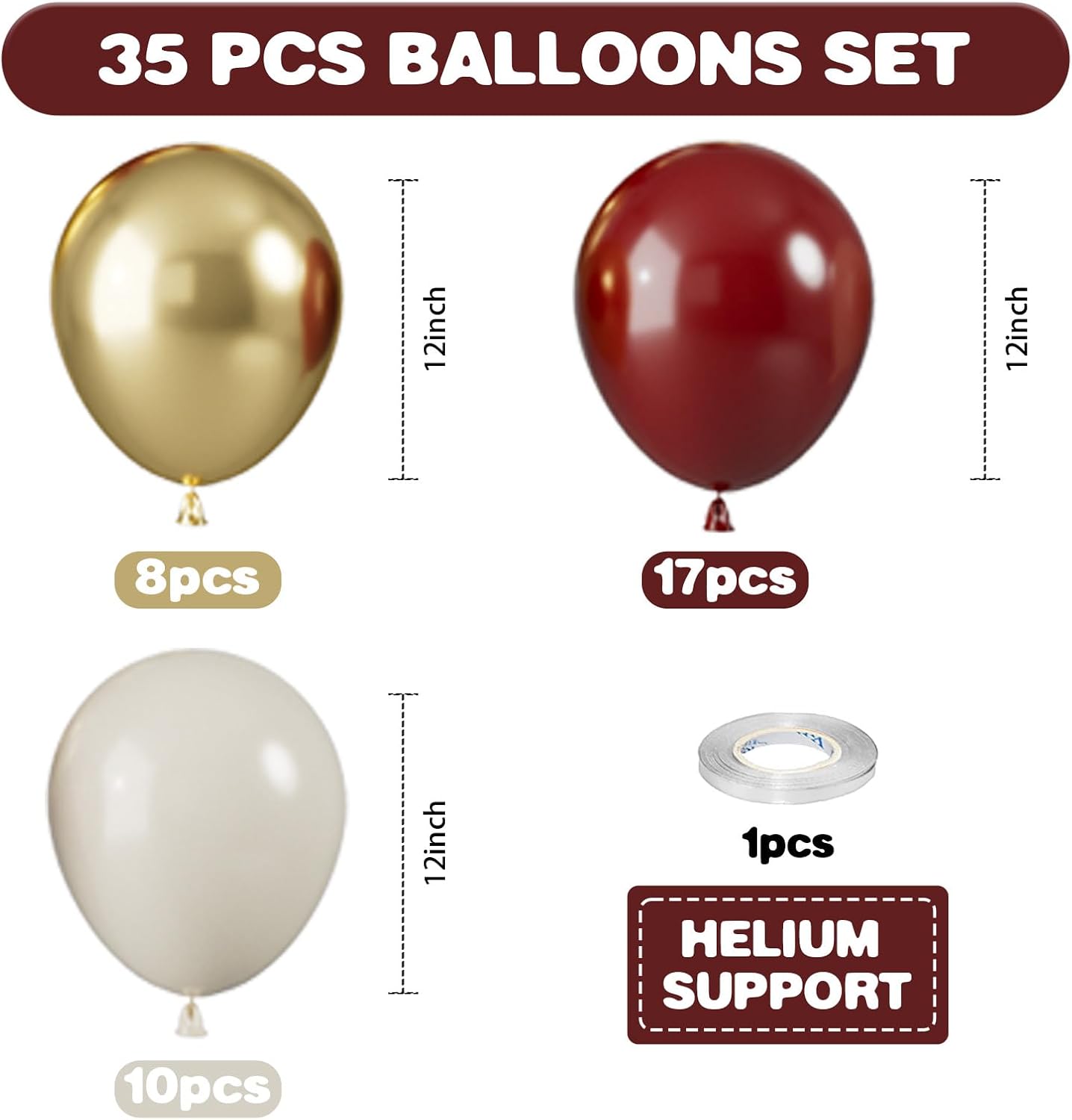 Red and Gold Balloons, 12 Inch Burgundy Gold Balloons, Maroon Balloons, Metallic Gold Dark Red White Latex Balloons Helium Support for Wedding Anniversary Engagement Birthday Party Decorations