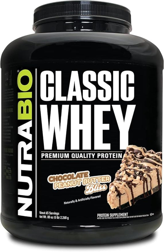 NutraBio Classic Whey Protein Powder- 25G Protein Per Scoop -No Fillers, Artificial Colors, Preservatives - Low Glycemic Index - (Chocolate Peanut Butter, 5 Pounds)
