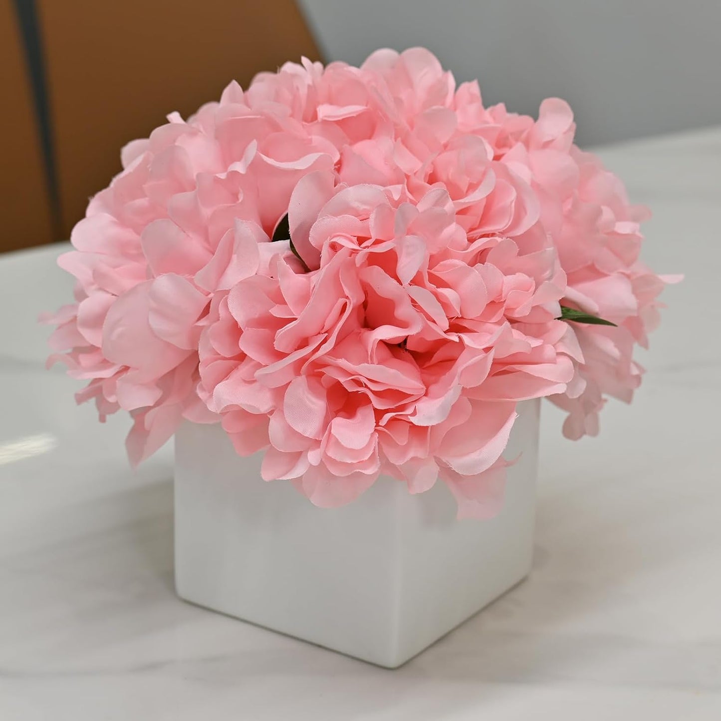 LADADA Artificial Flowers in Square White Ceramic Vase, Fake Peony Bouquet, Artificial Flower Arrangement for Home Decoration (Pink)